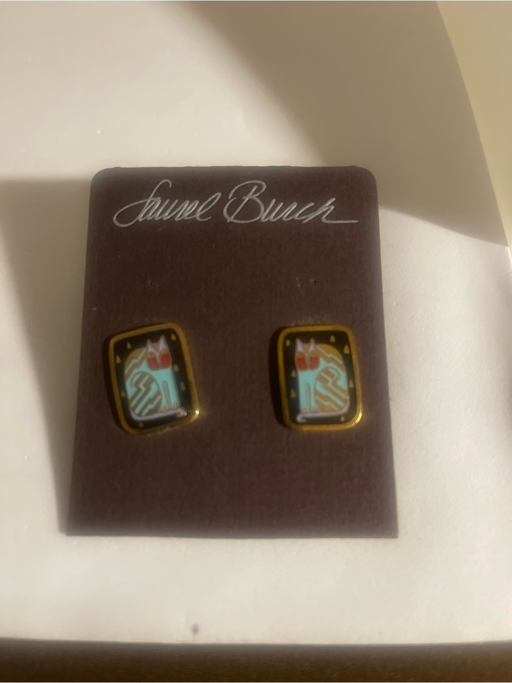 Laurel Burch Turquoise and Coral Cat Enamel Stud Earrings with Gold Trim